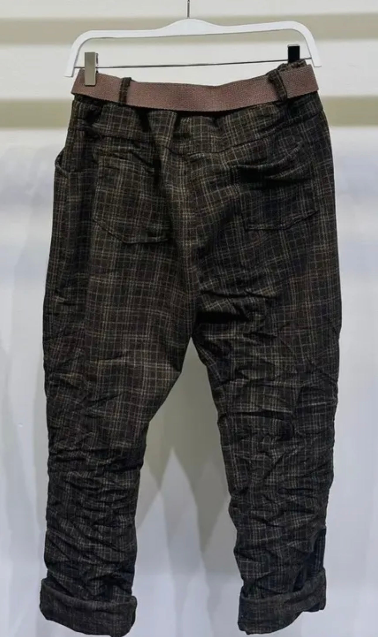 Brown Plaid Crinkle Pants with Belt