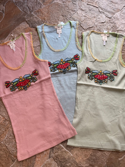 Retro Embroidered & Bead Trim Rib Tank