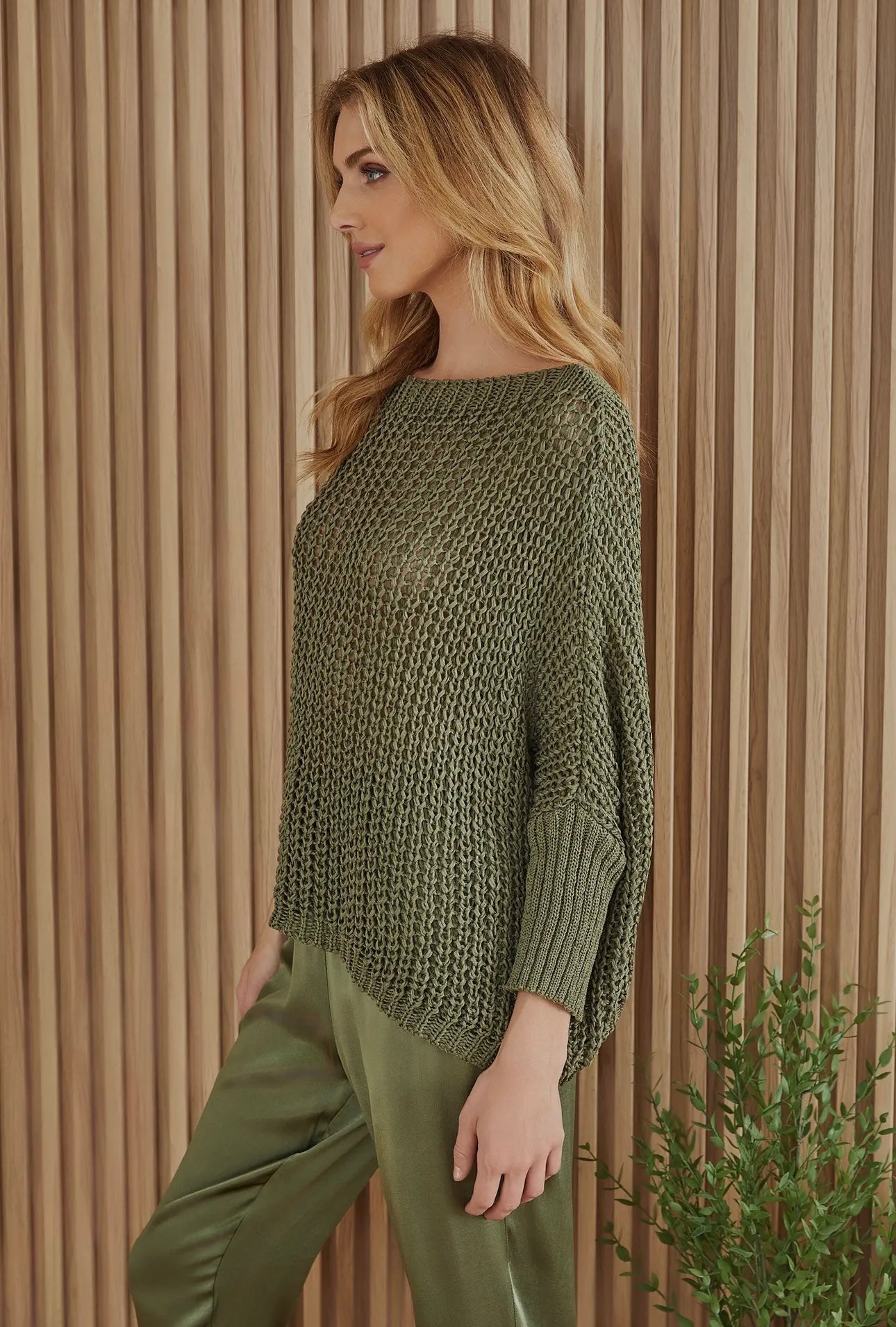 ARMY GREEN BOATNECK DROP SHOULDER LONG SLEEVE SWEATER