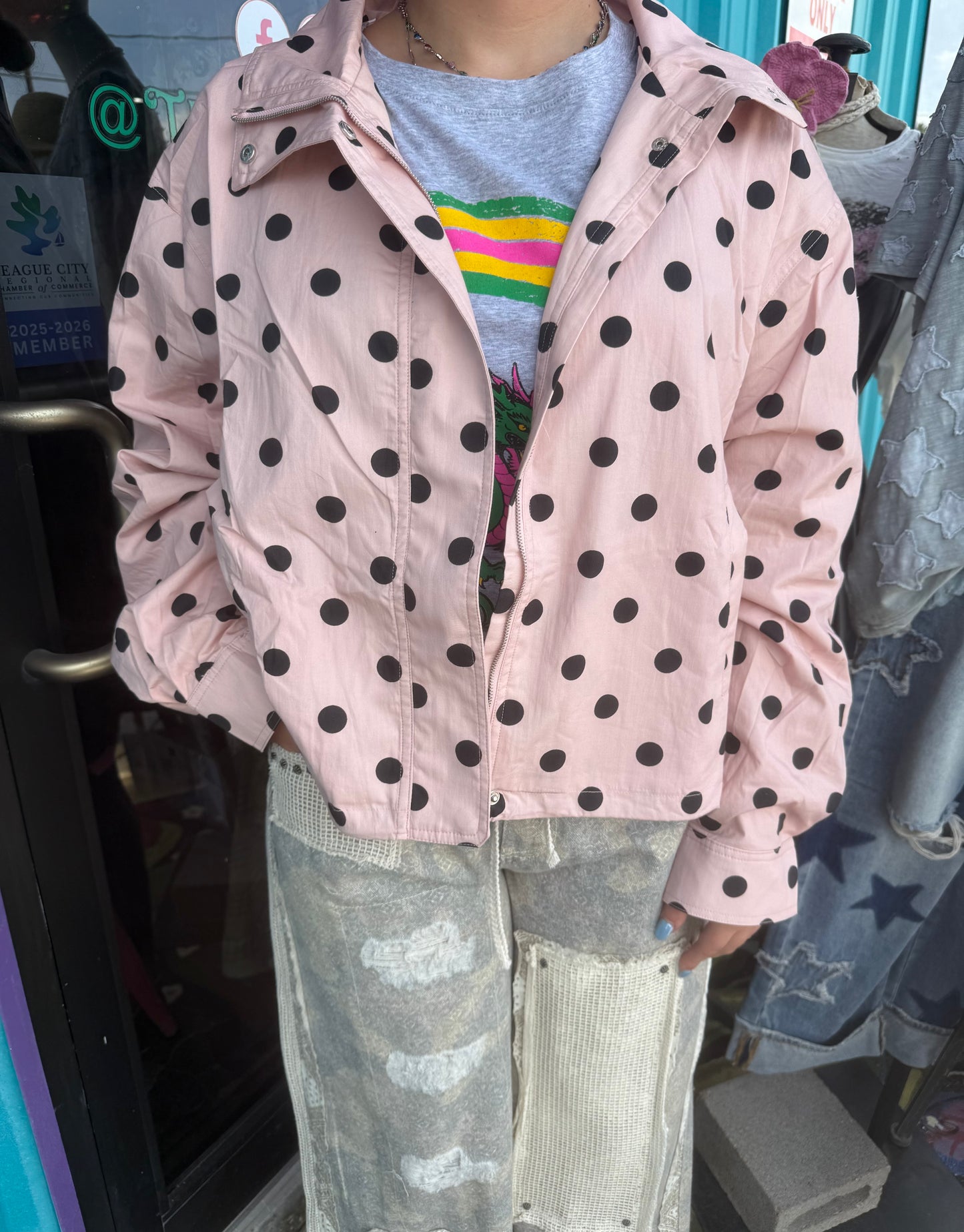 Polka Dot Stand Collar Zip Up Jacket