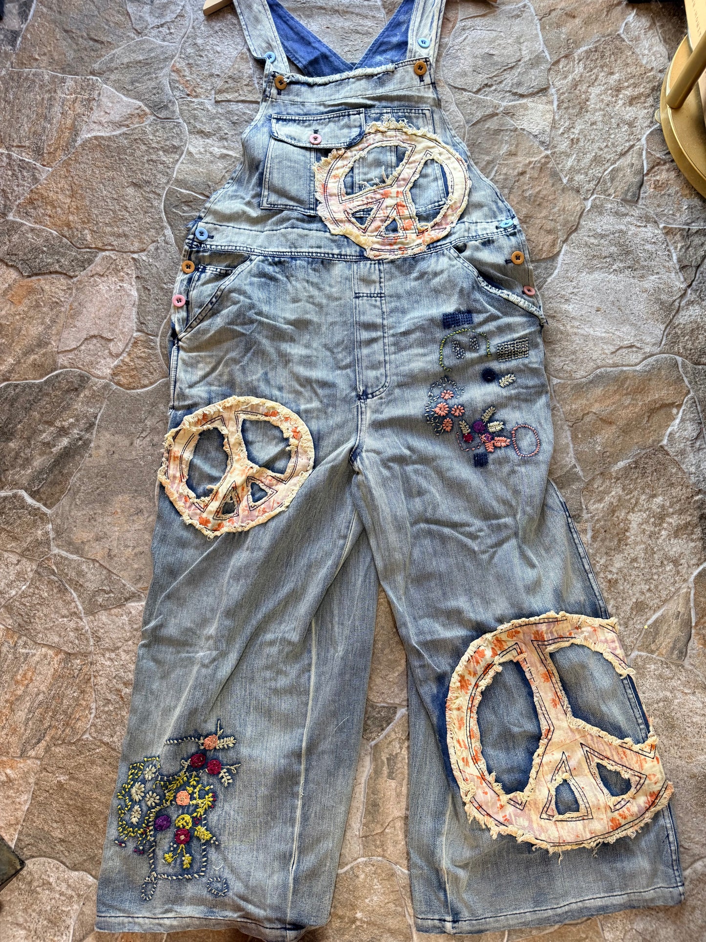 Peace Embroidered Patchwork Overalls
