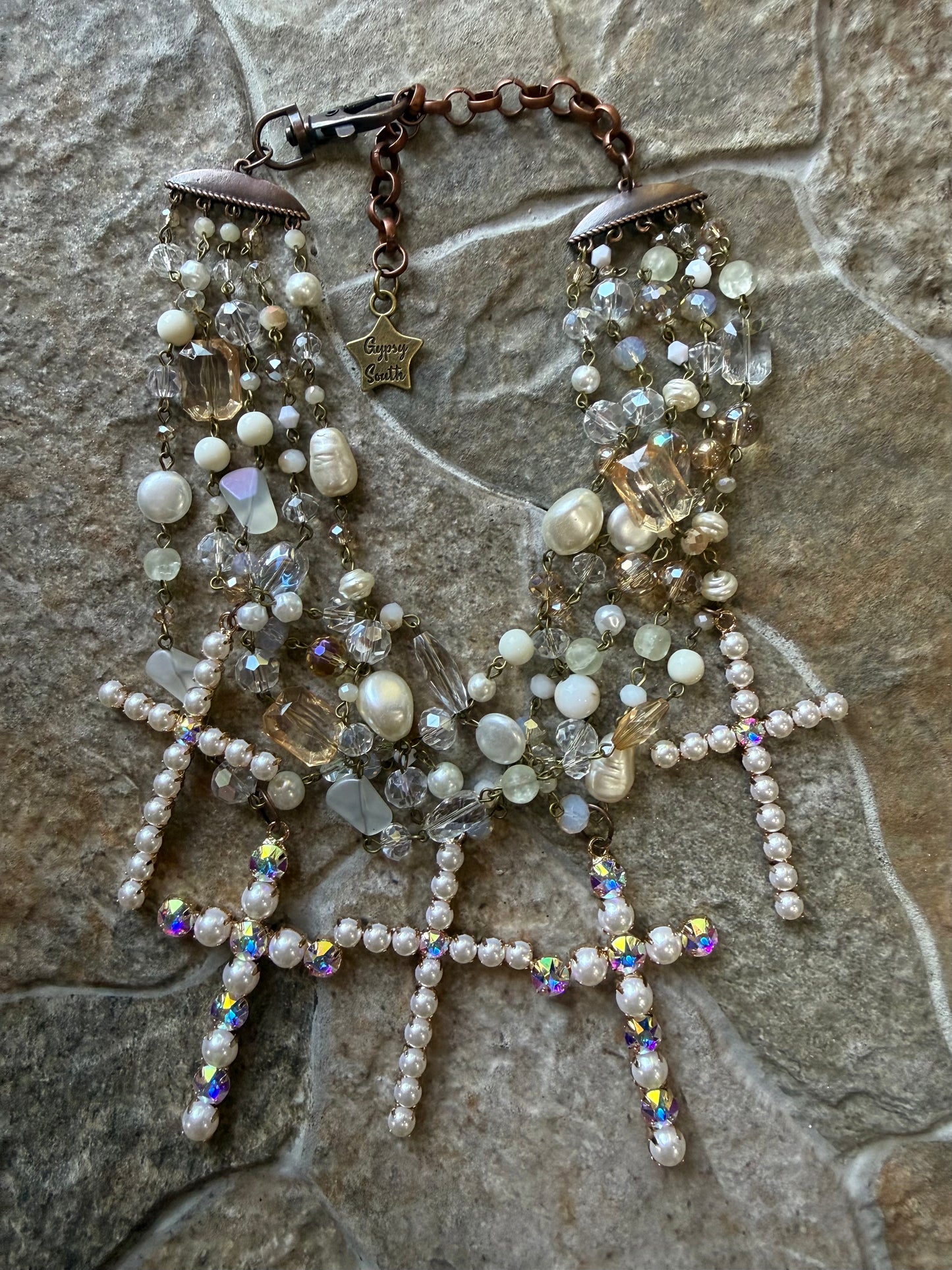Crystal And Peal Cross Necklace