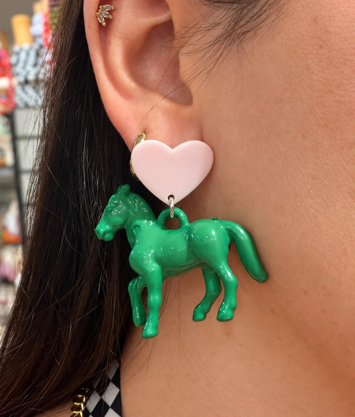 Green And Pink Heart Pony Earrings
