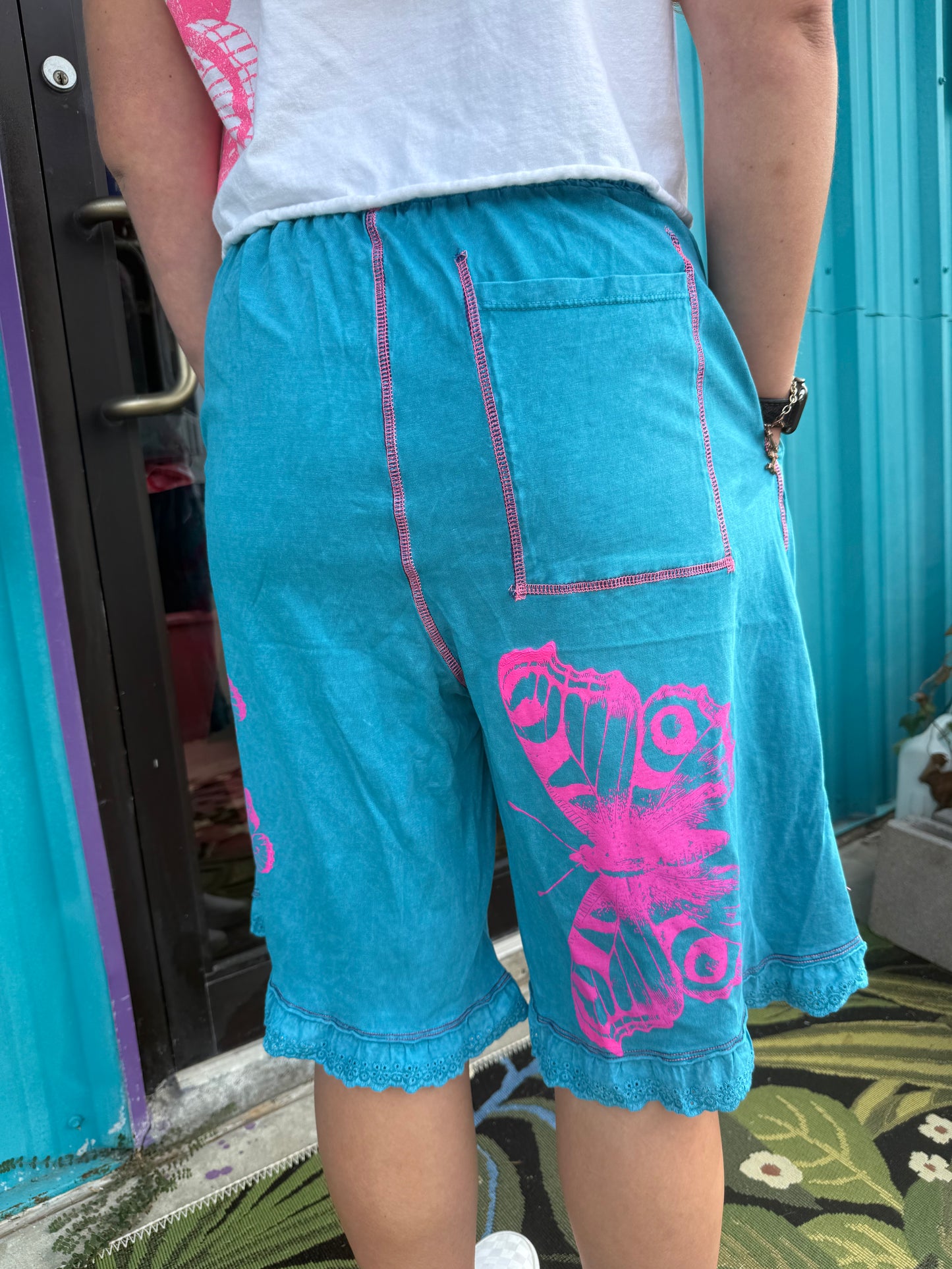 Blue Butterfly With Pink Lace Drawstring
