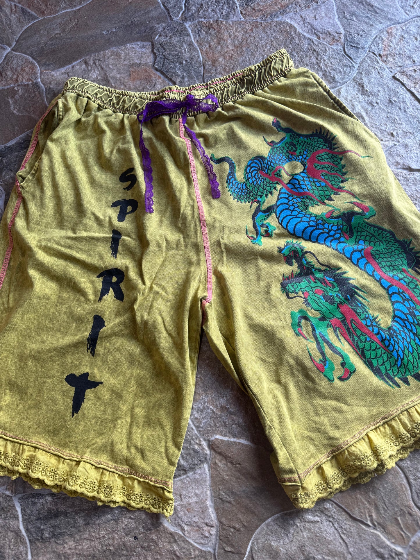 Dragon Spirit Sweat Shorts With Purple Lace Drawstring