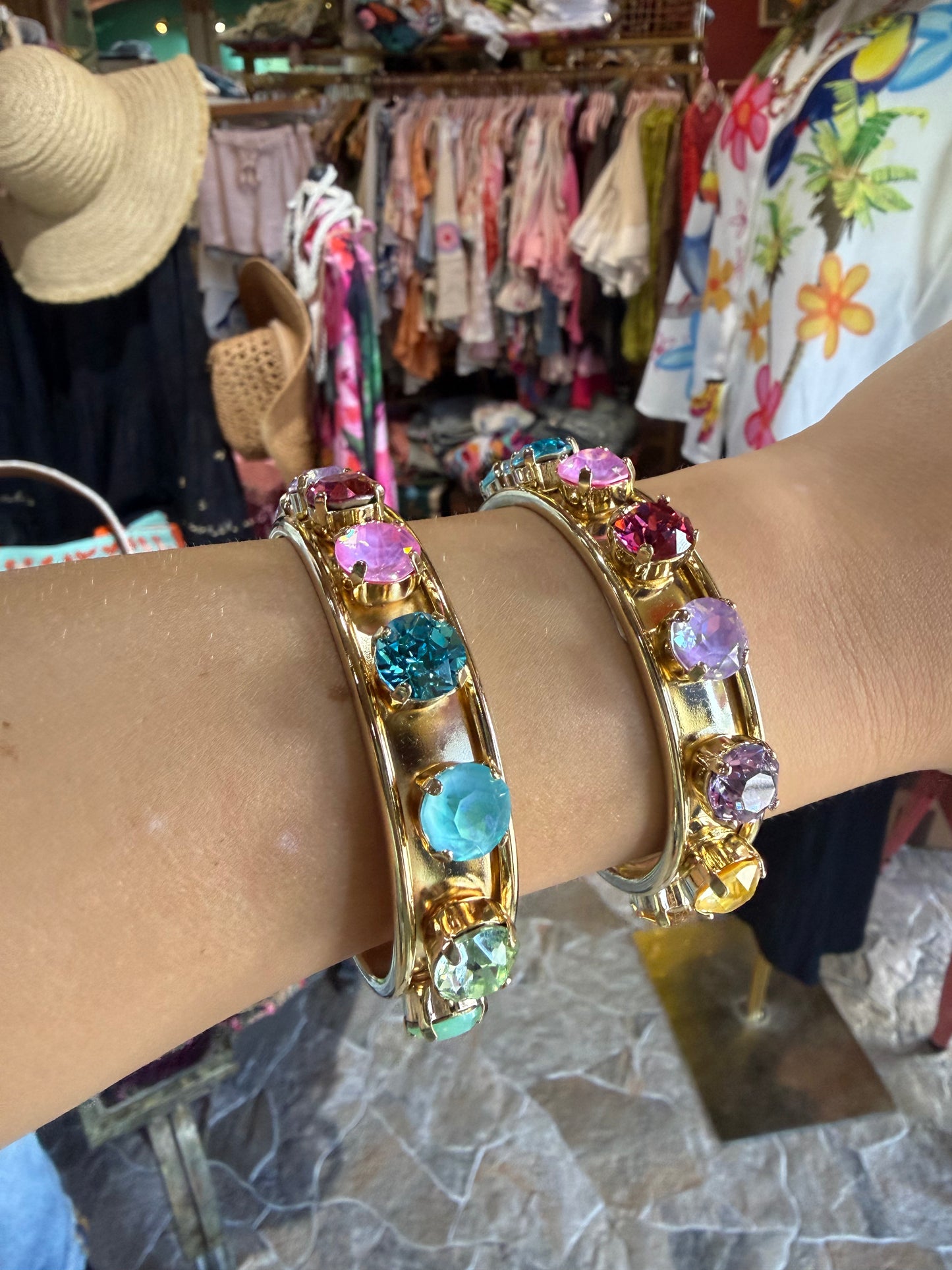 Skinny Gold Magenta And Blue Jeweled Bracelet
