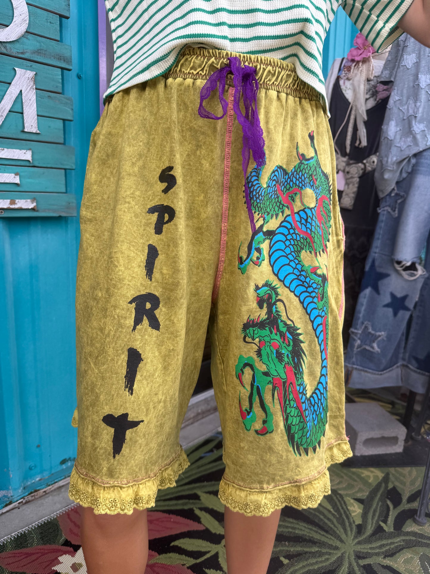 Dragon Spirit Sweat Shorts With Purple Lace Drawstring
