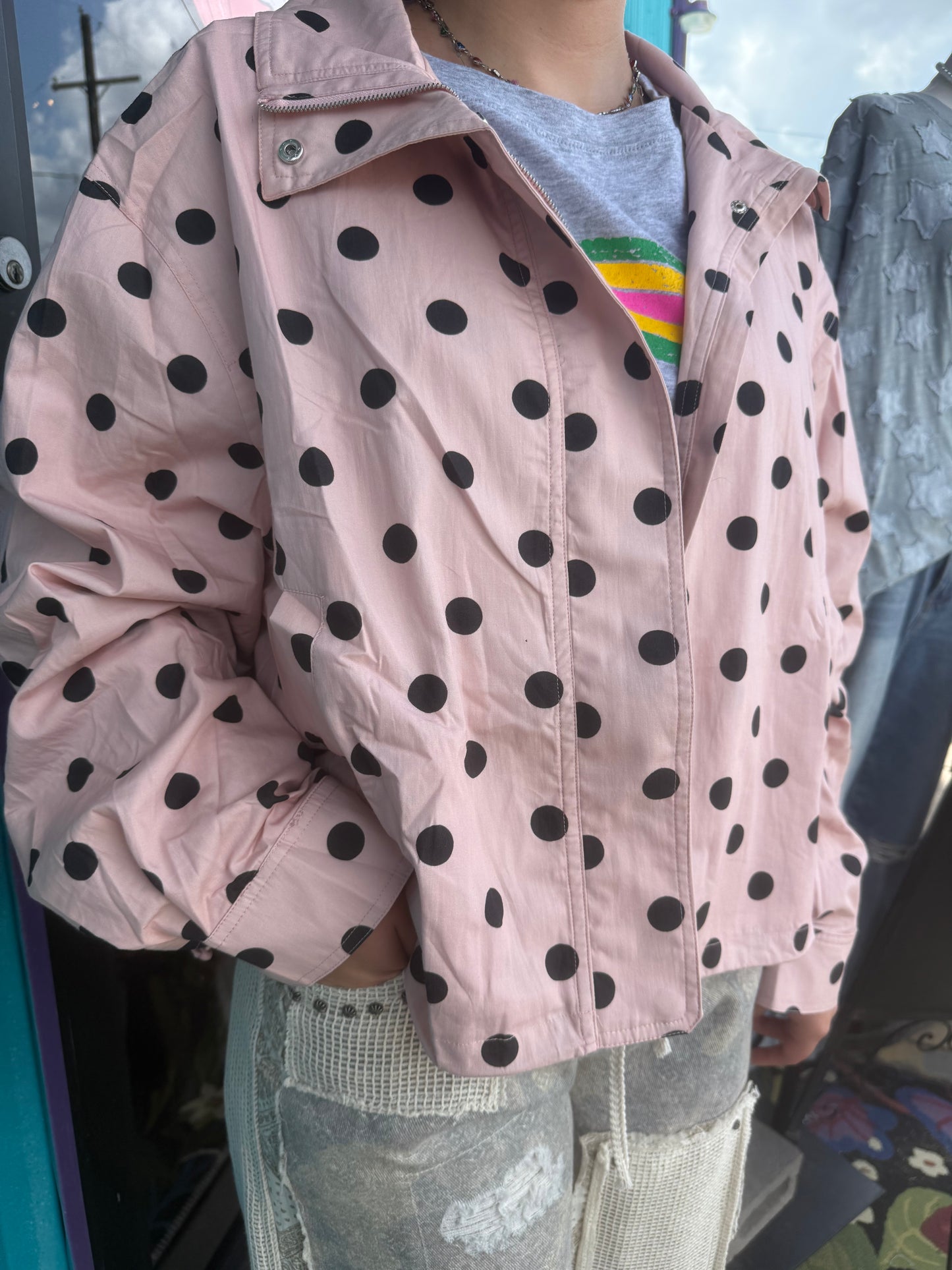 Polka Dot Stand Collar Zip Up Jacket