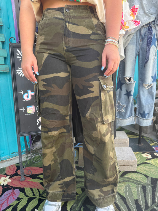 Camo Cargo Pants with Studs and Drawstring