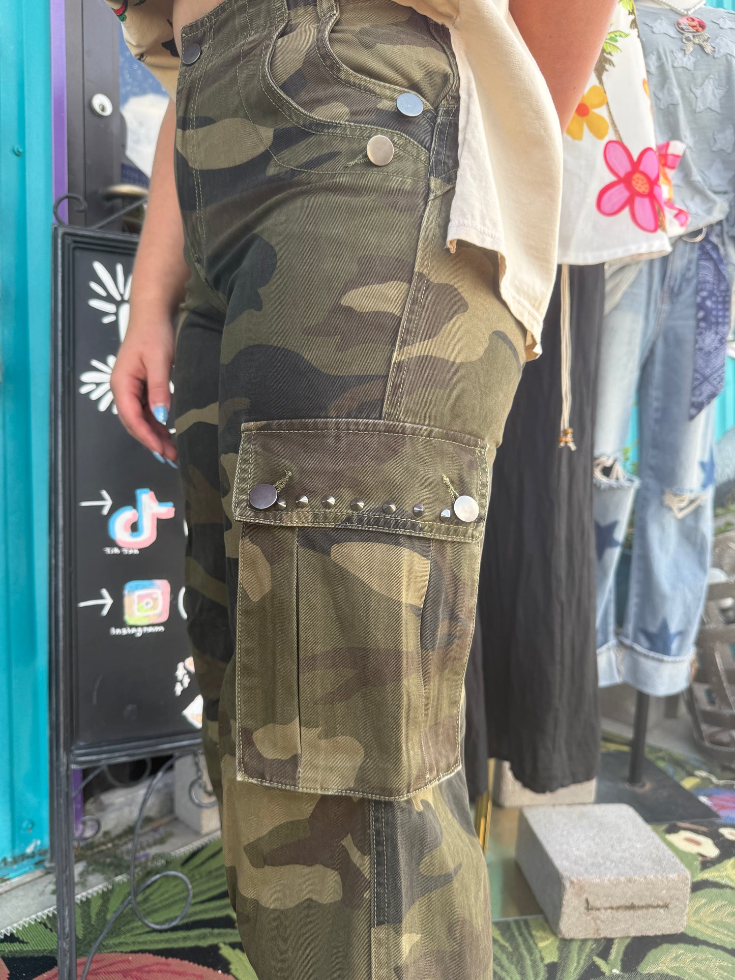 Camo Cargo Pants with Studs and Drawstring