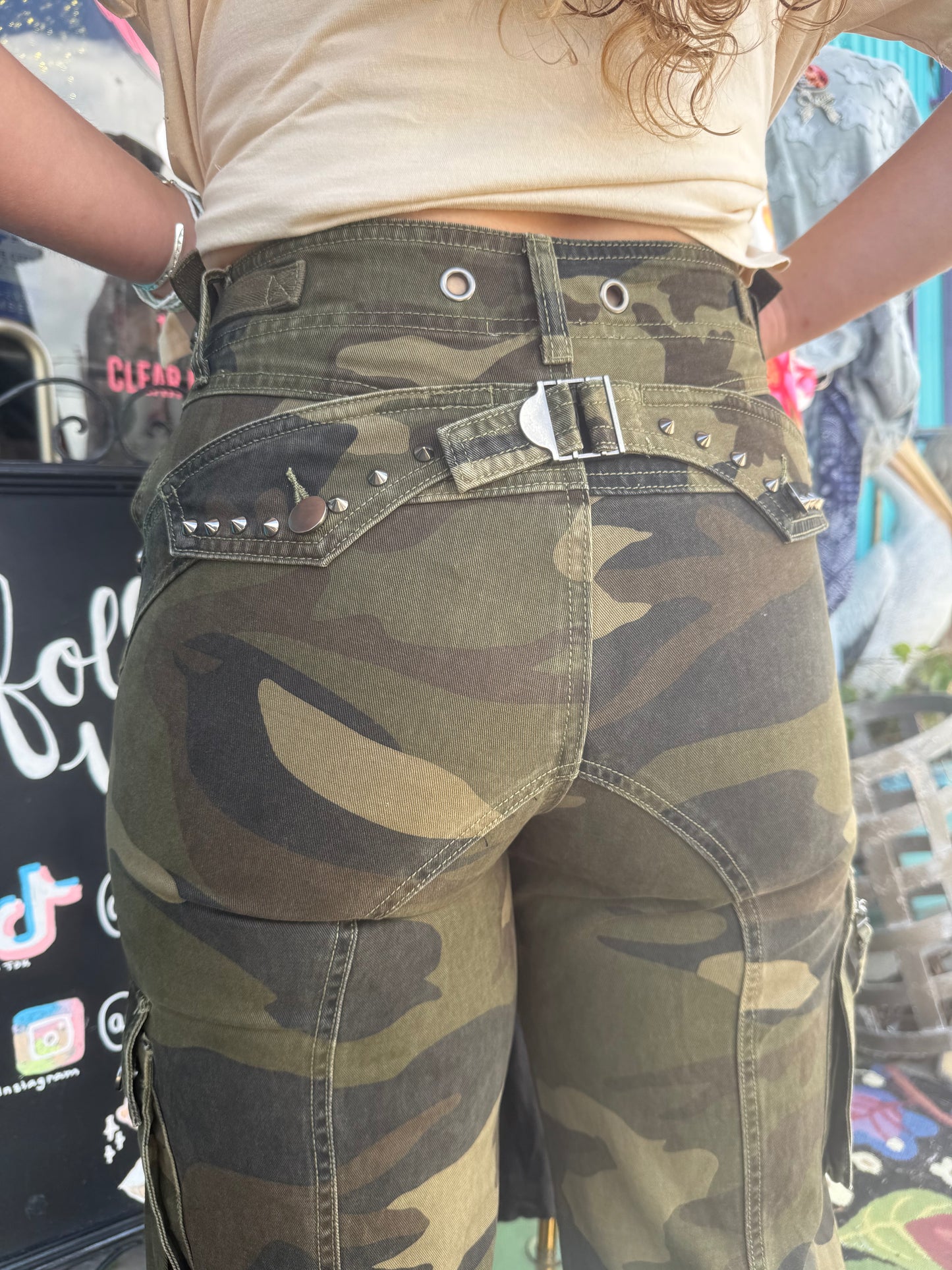 Camo Cargo Pants with Studs and Drawstring