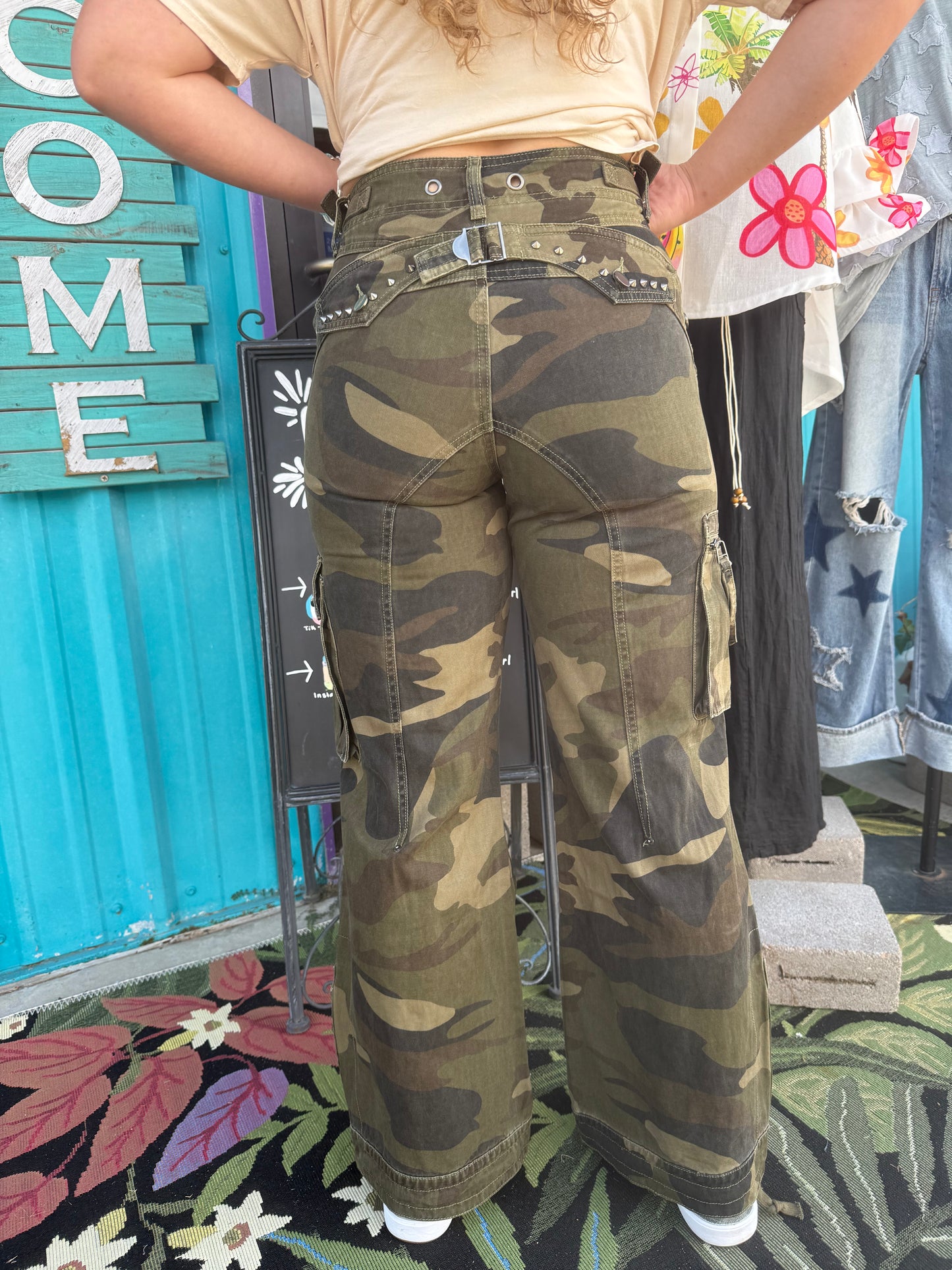 Camo Cargo Pants with Studs and Drawstring