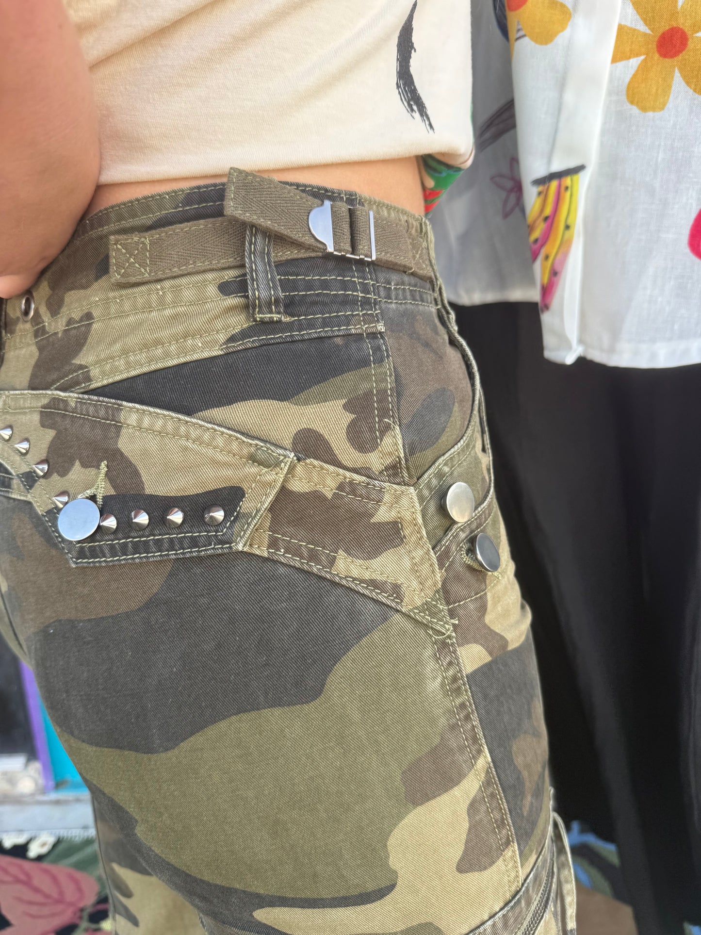 Camo Cargo Pants with Studs and Drawstring