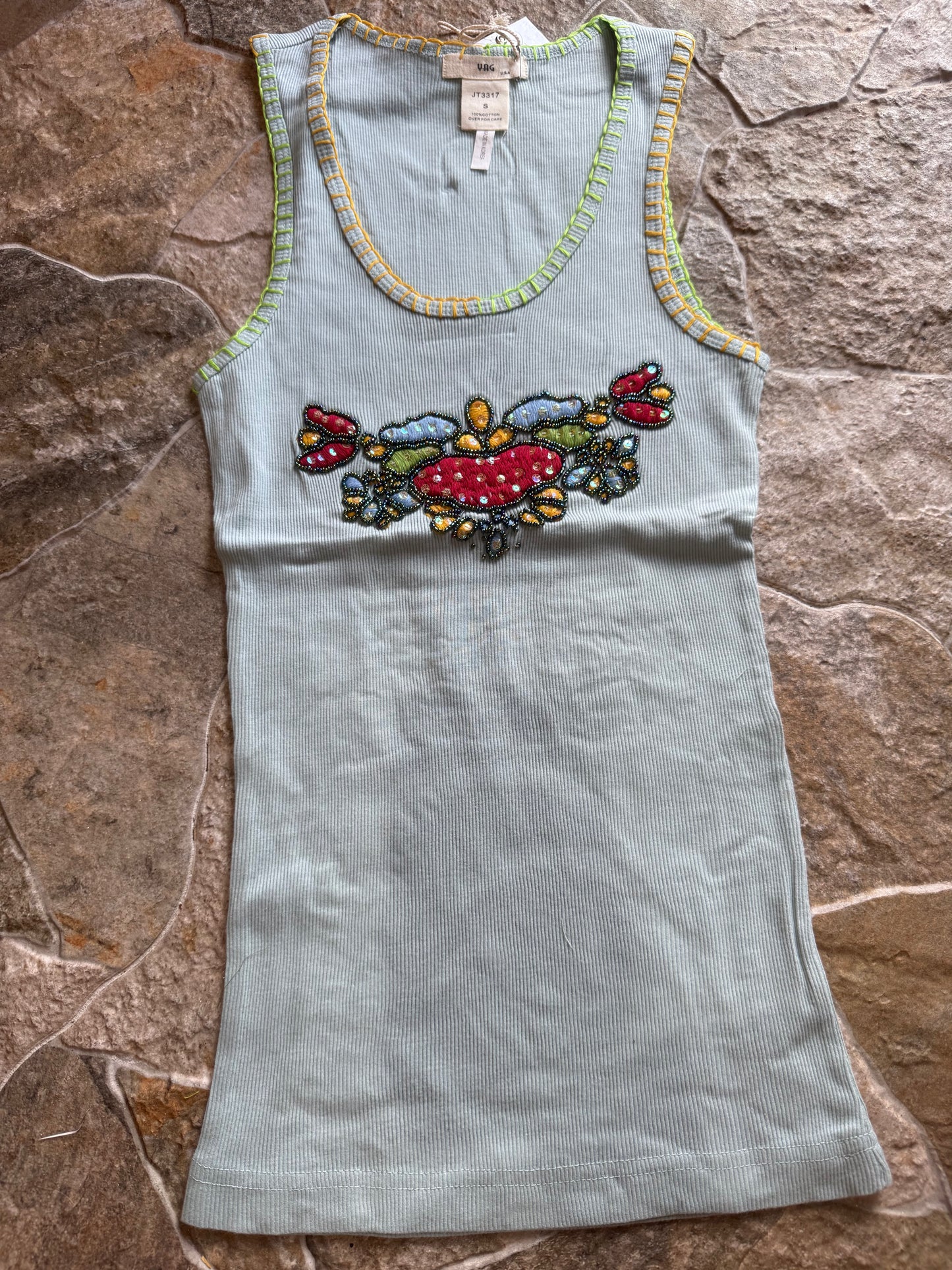 Retro Embroidered & Bead Trim Rib Tank