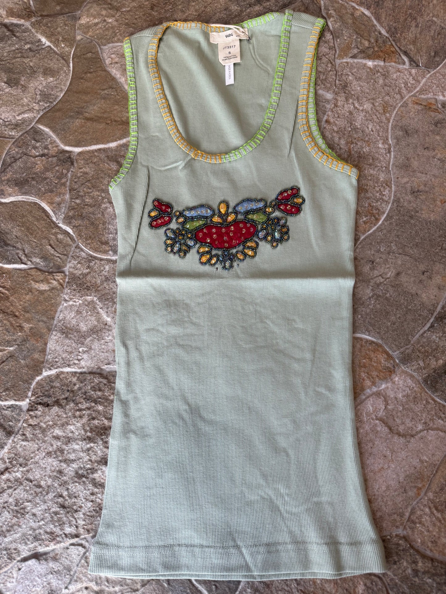 Retro Embroidered & Bead Trim Rib Tank