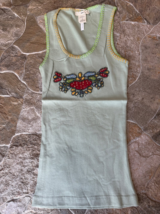 Retro Embroidered & Bead Trim Rib Tank