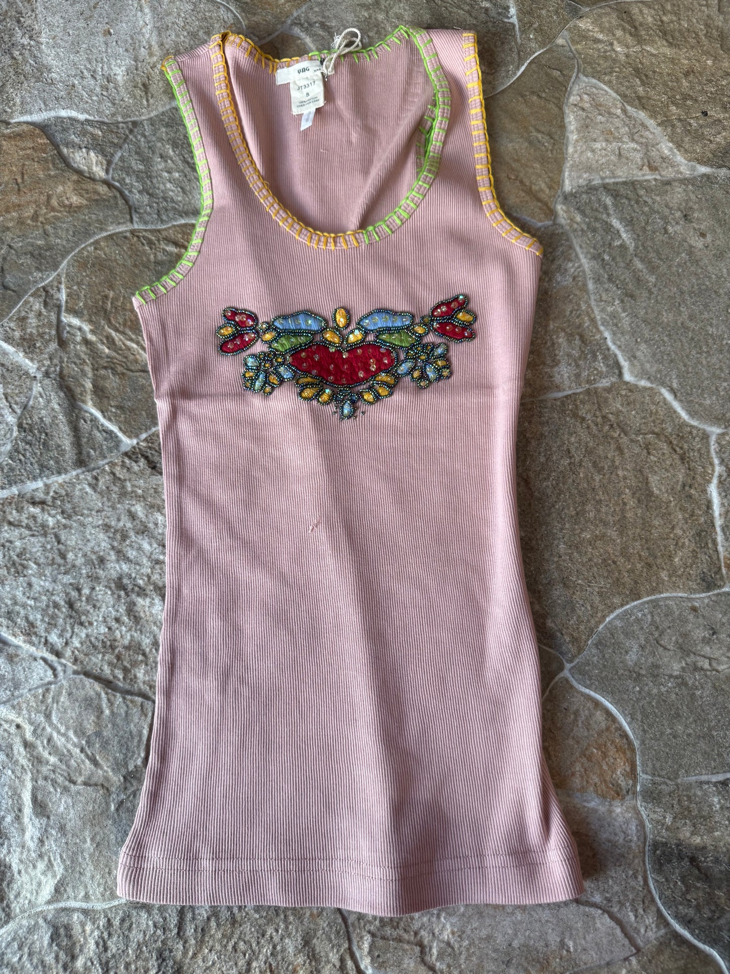 Retro Embroidered & Bead Trim Rib Tank