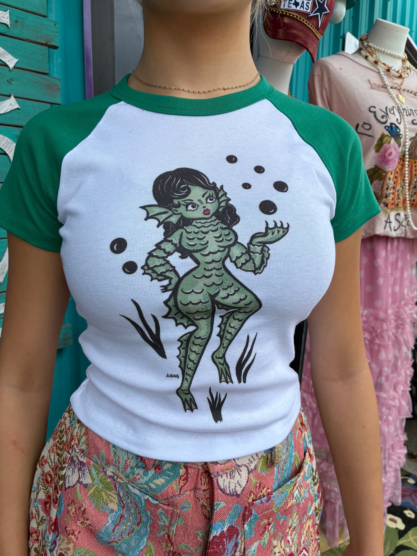 Lagoon Lady Short Raglan Cropped baby tee in White/Green