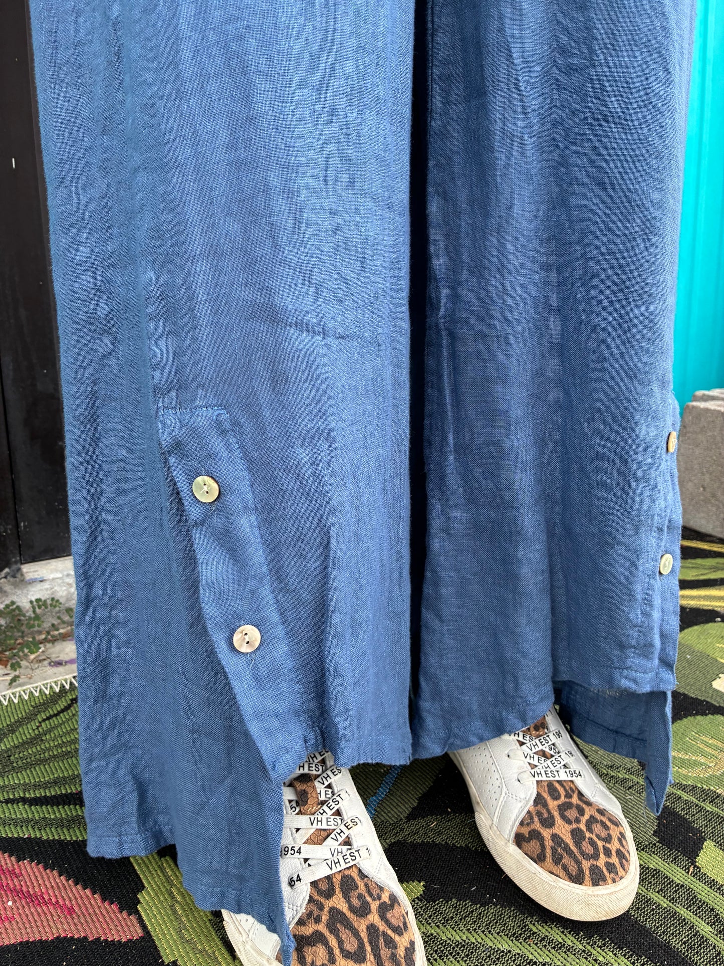 Slate Blue Linen Palazzo Pants with Buttons on ankle