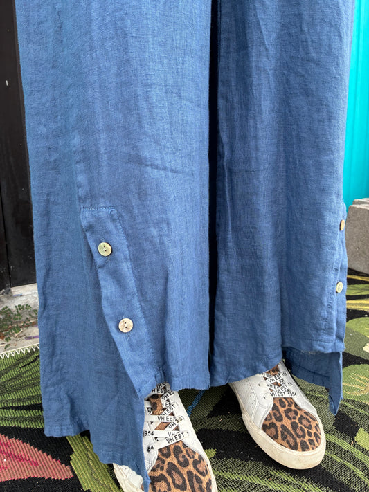 Slate Blue Linen Palazzo Pants with Buttons on ankle