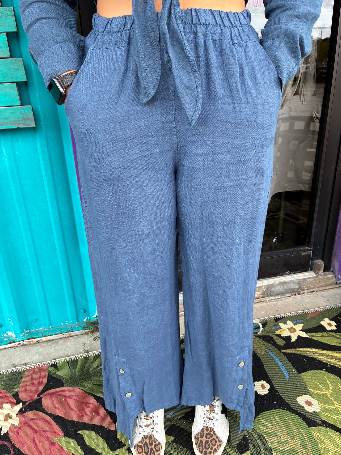 Slate Blue Linen Palazzo Pants with Buttons on ankle
