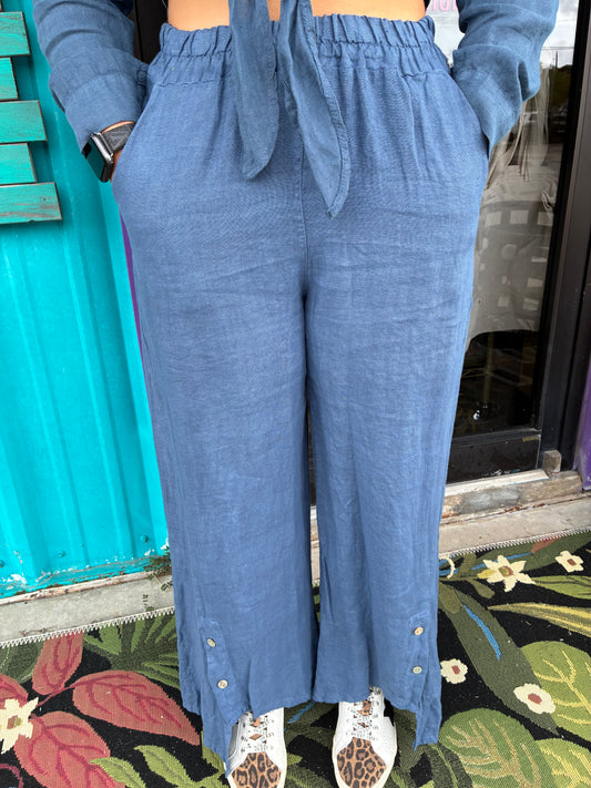 Slate Blue Linen Palazzo Pants with Buttons on ankle