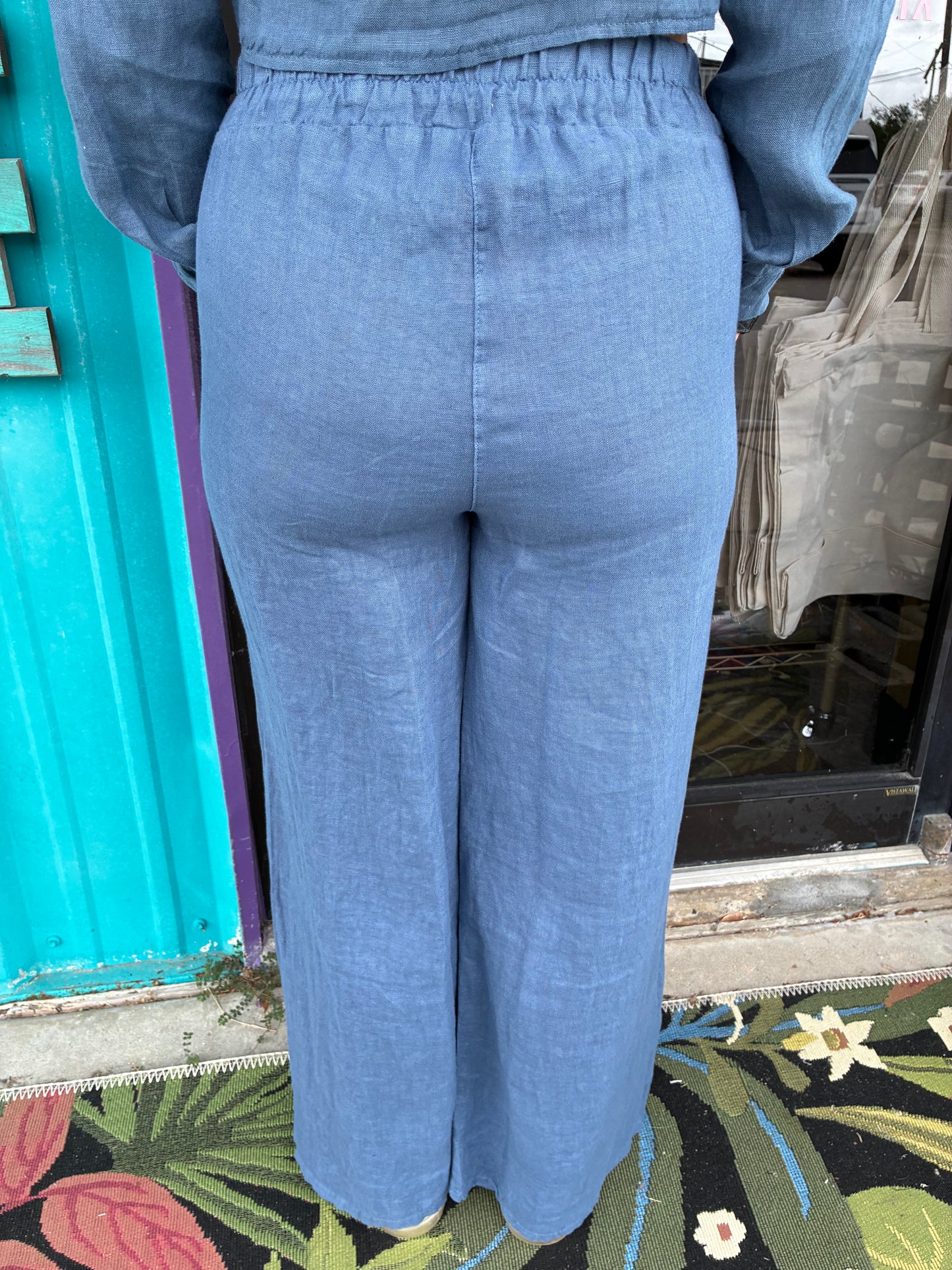 Slate Blue Linen Palazzo Pants with Buttons on ankle