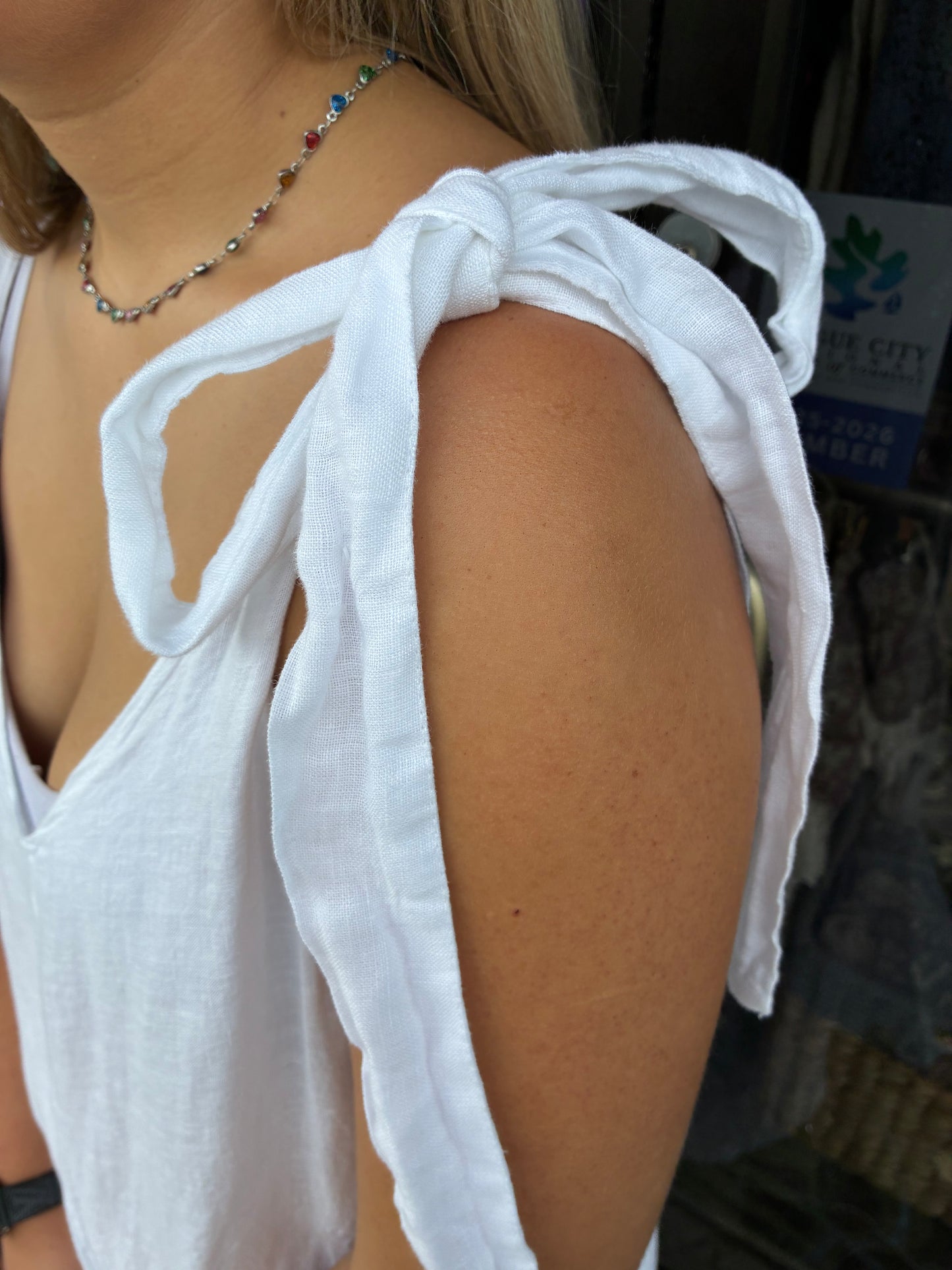 White Linen Romper Jumpsuit with Tie Shoulders
