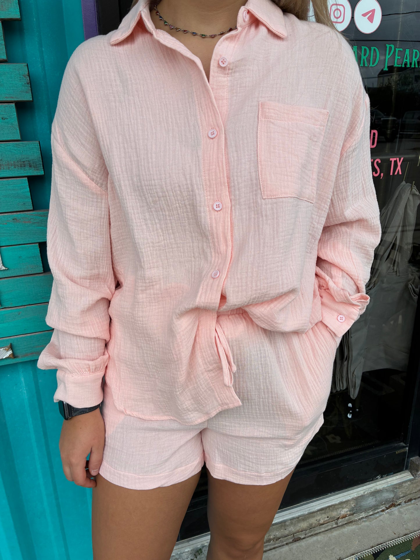 Pink Crinkle Cotton Gauze Resort Button-Up Set