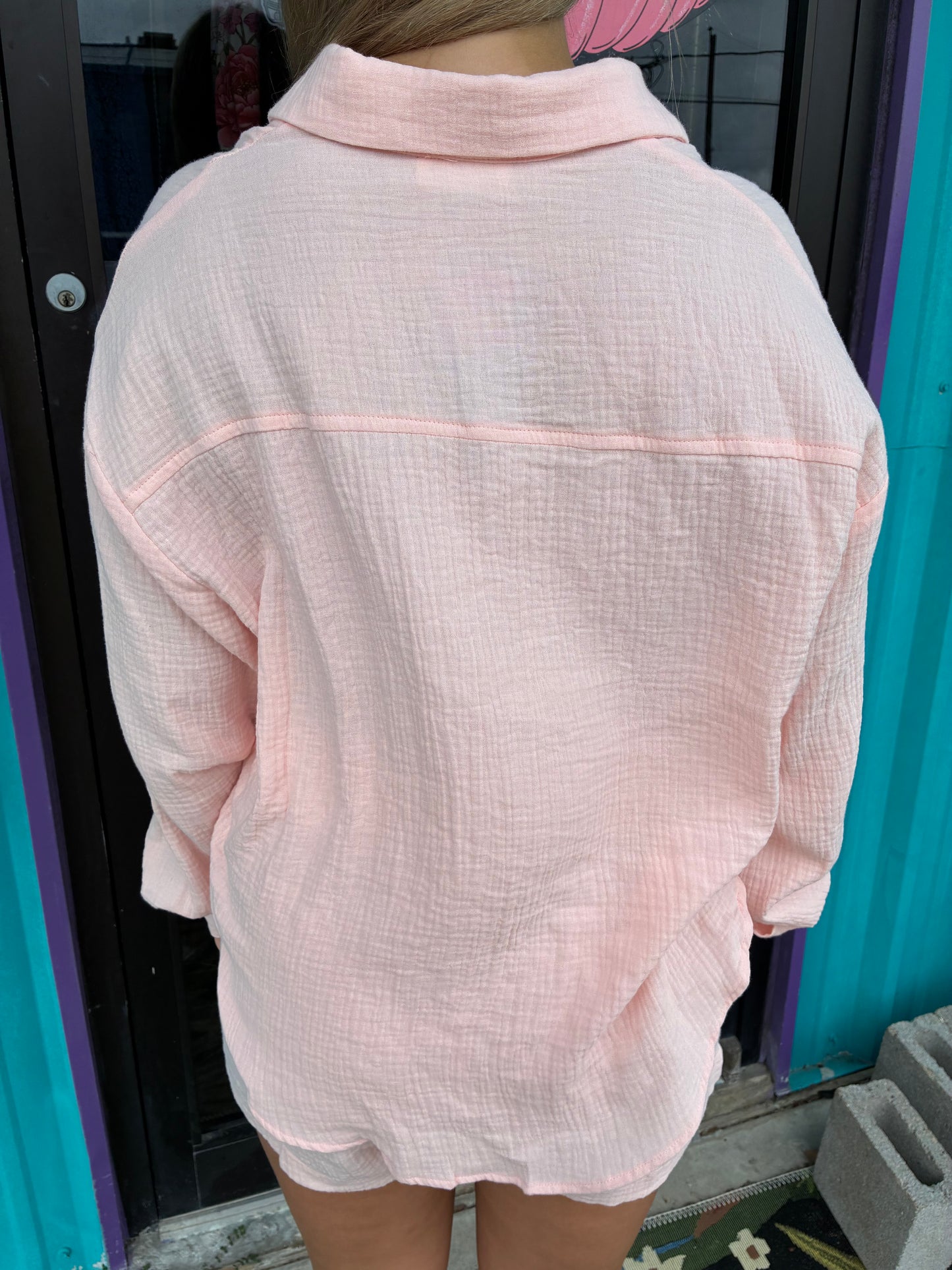 Pink Crinkle Cotton Gauze Resort Button-Up Set
