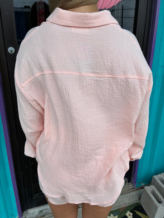 Pink Crinkle Cotton Gauze Resort Button-Up Set
