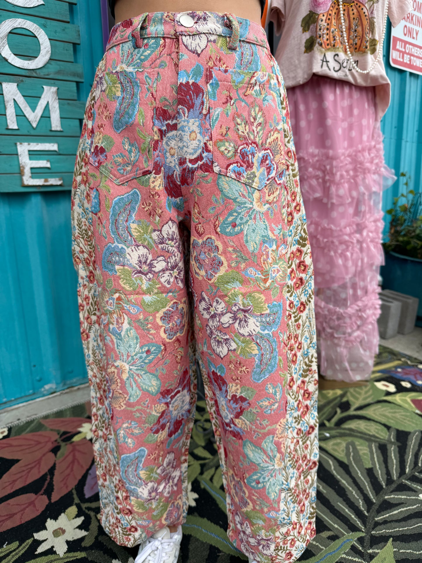 Vintage Tapestry Mixed-Print Wide-Leg Barrel Fit Pants