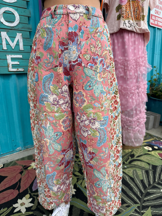 Vintage Tapestry Mixed-Print Wide-Leg Barrel Fit Pants