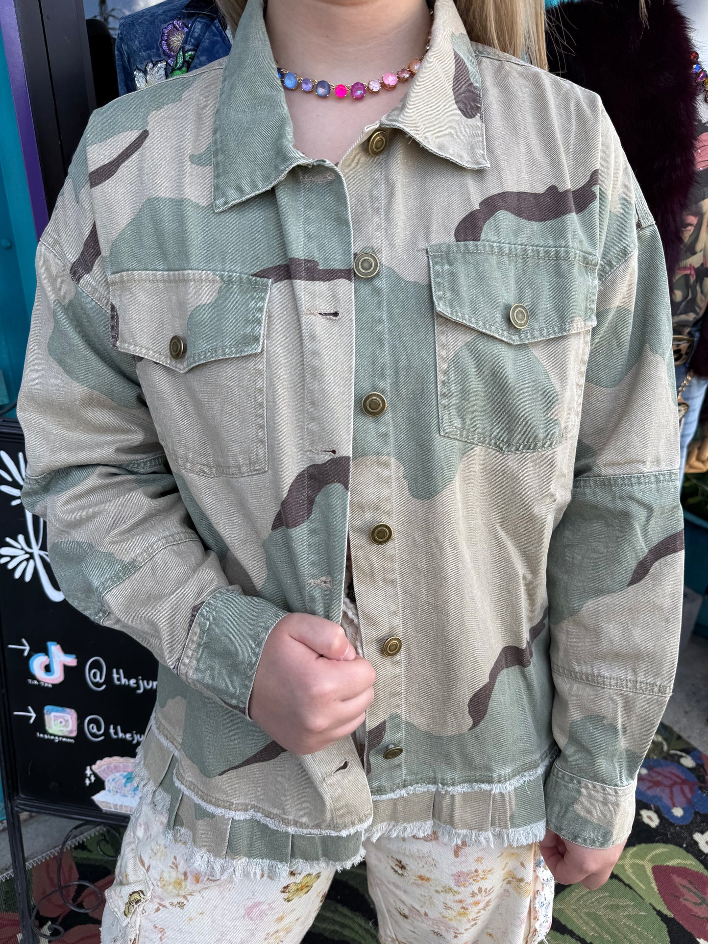 Camo Denim Button Up Peace Patch Work Jacket