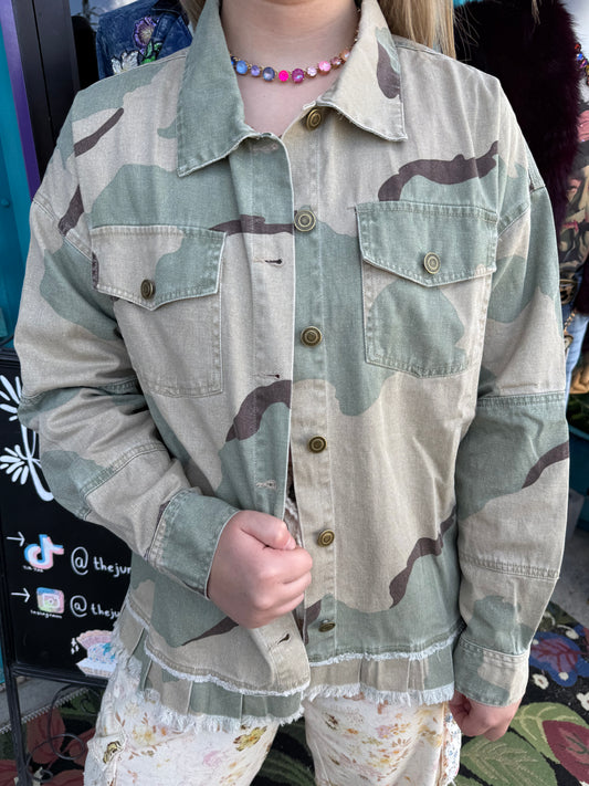 Camo Denim Button Up Peace Patch Work Jacket