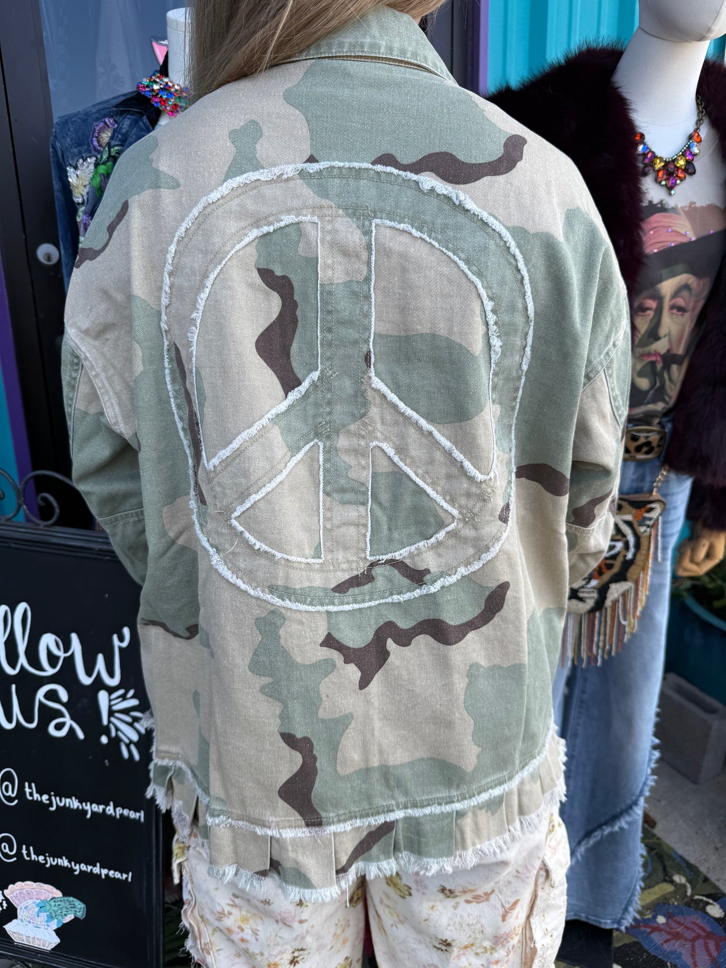Camo Denim Button Up Peace Patch Work Jacket