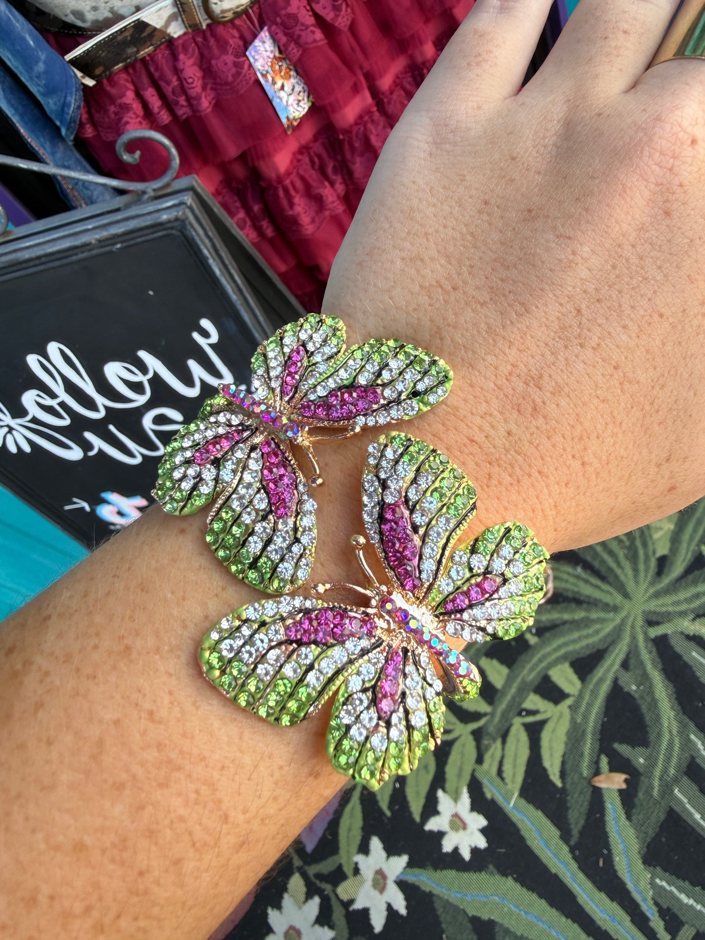 Rhinestone Embellished Double Butterfly Hinged Bangle Bracelet