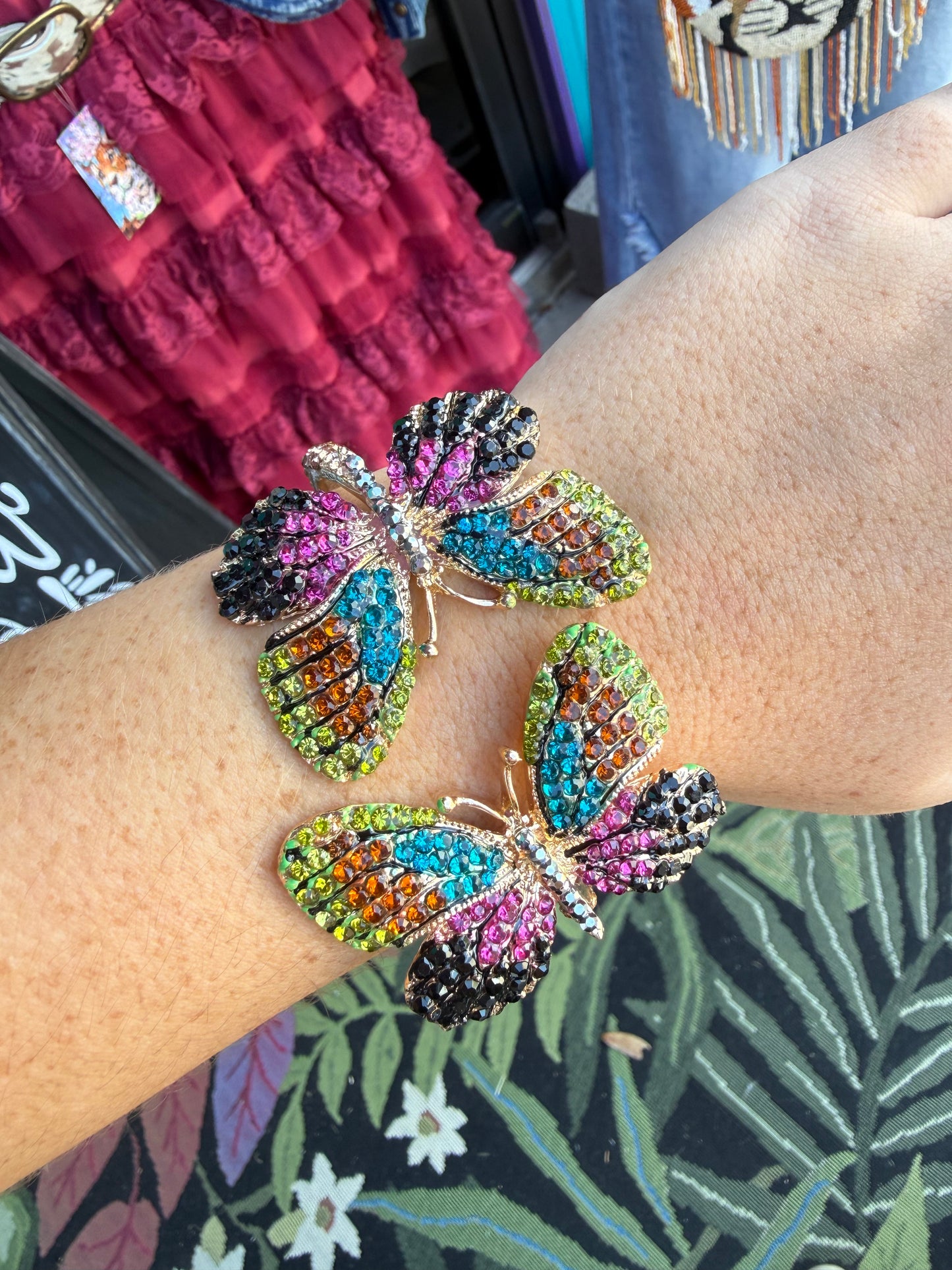 Rhinestone Embellished Double Butterfly Hinged Bangle Bracelet