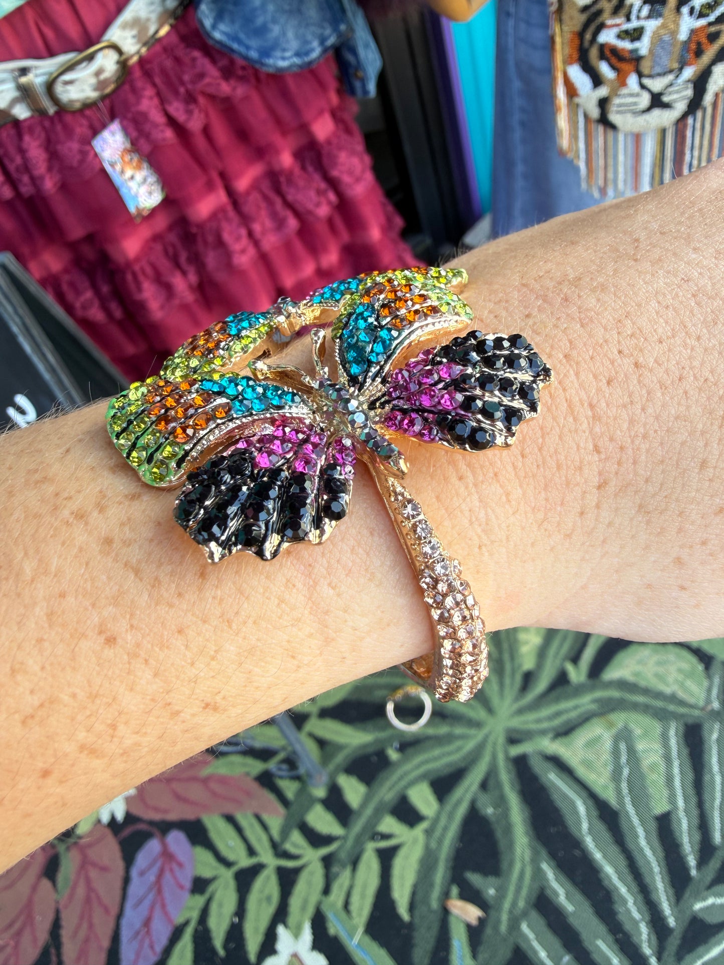 Rhinestone Embellished Double Butterfly Hinged Bangle Bracelet
