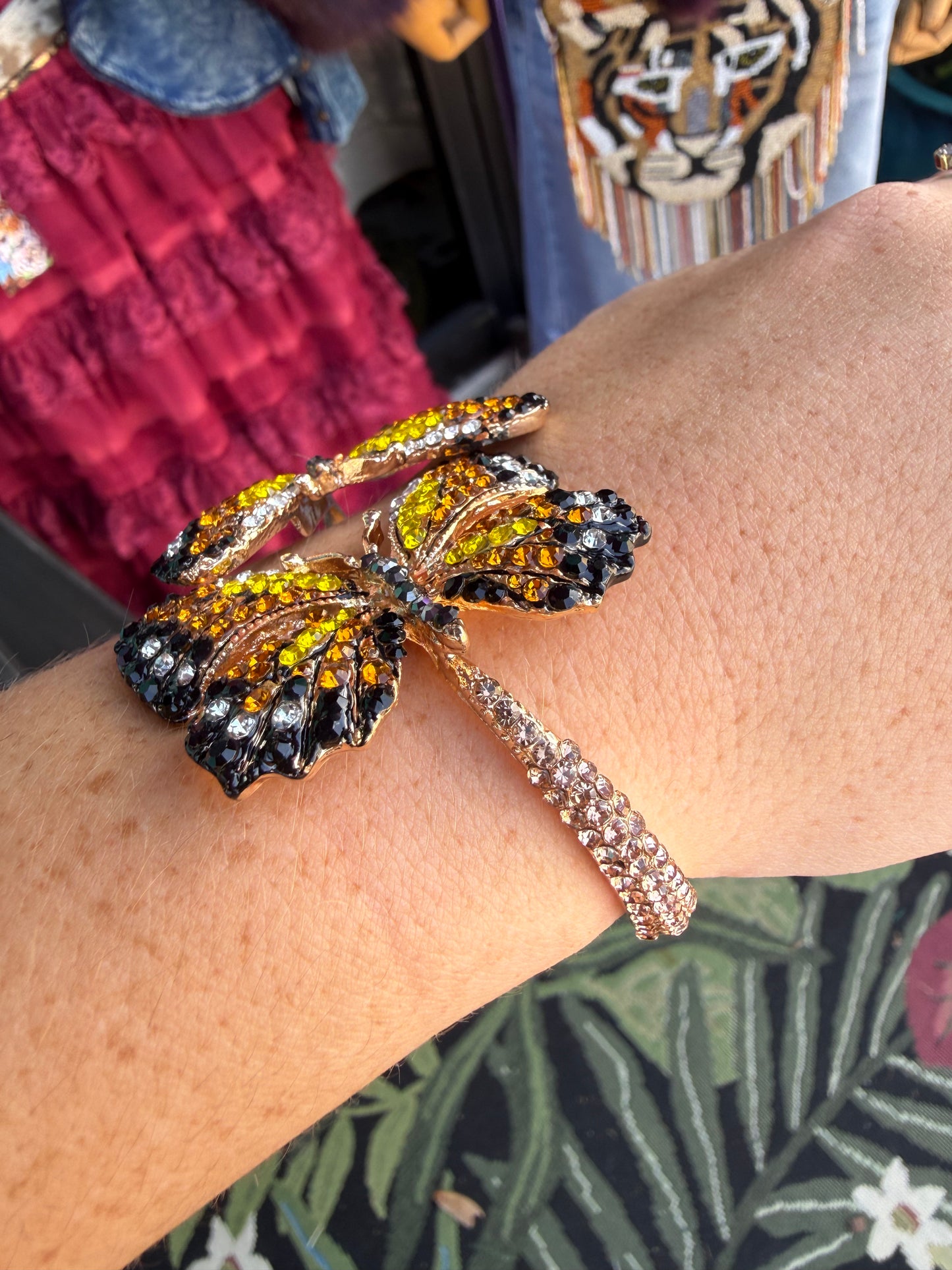 Rhinestone Embellished Double Butterfly Hinged Bangle Bracelet
