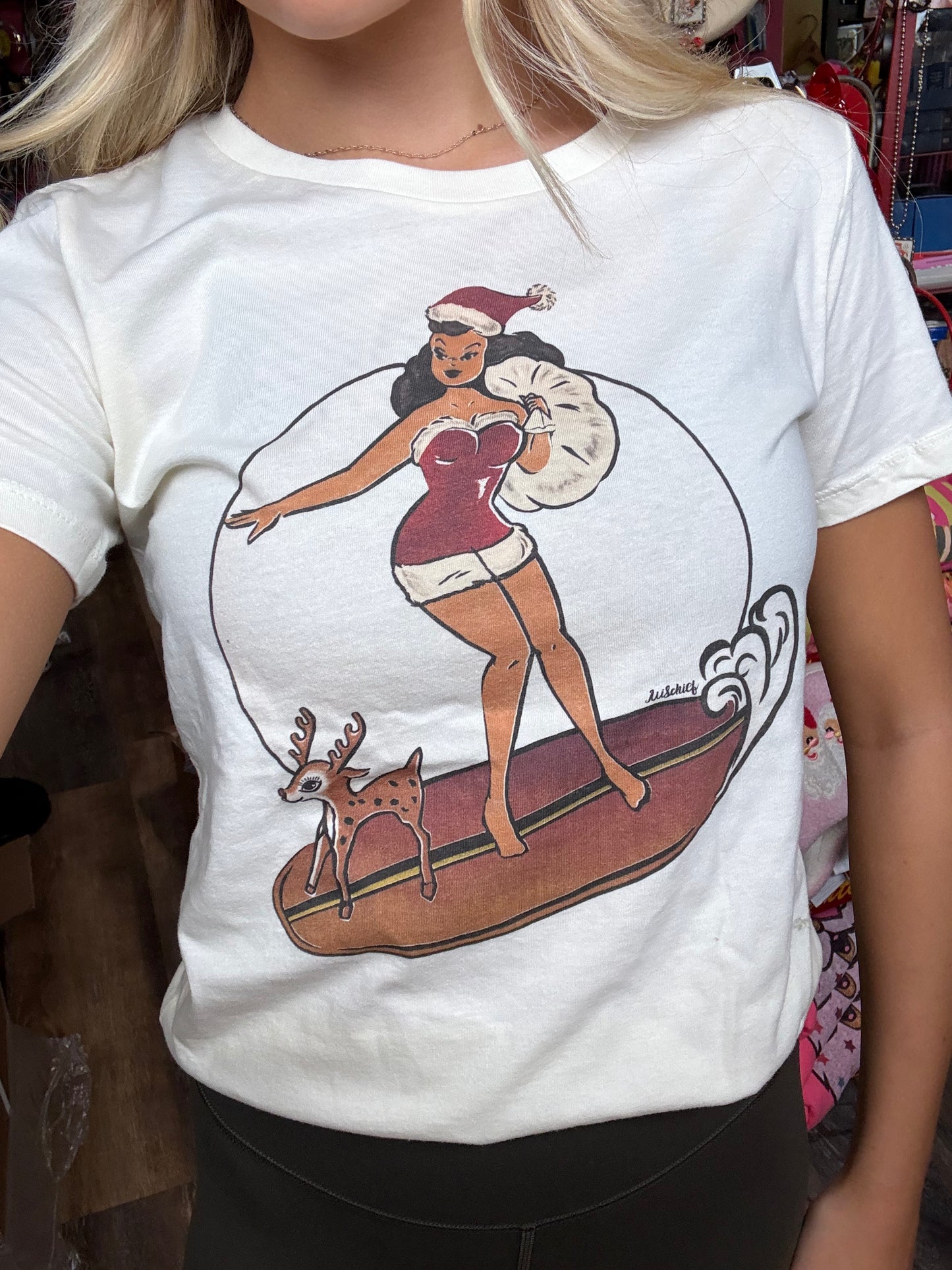 Santa's Surf Girl Fitted Tee in Ivory