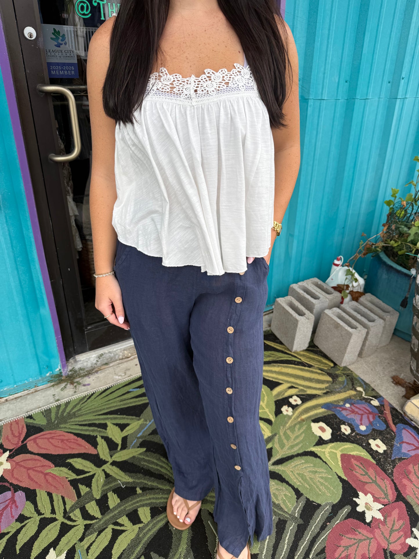 Navy Linen Palazzo Pants with Buttons