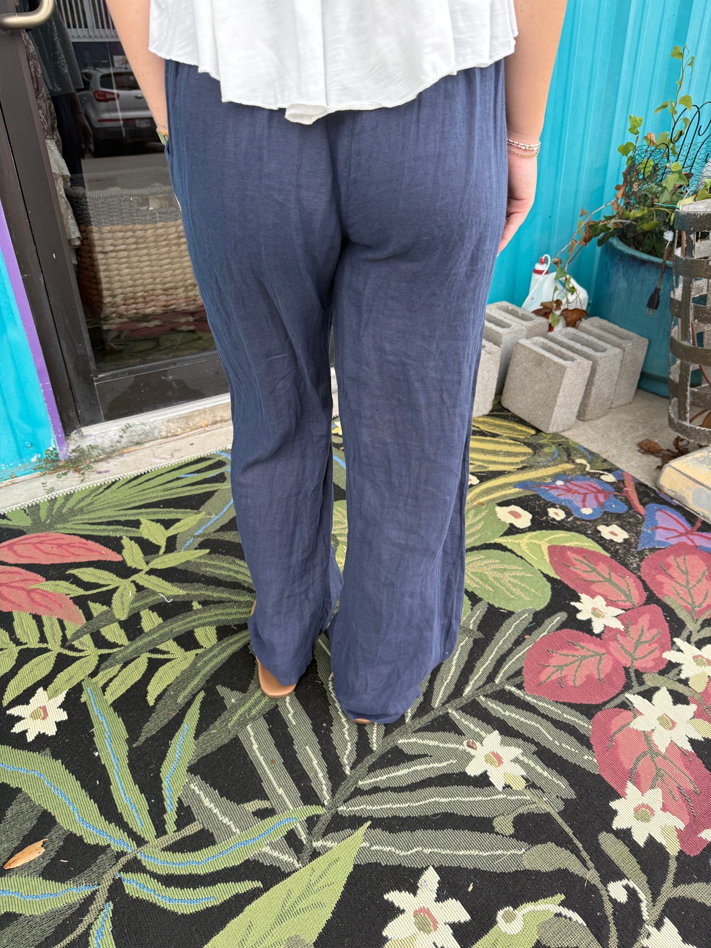 Navy Linen Palazzo Pants with Buttons