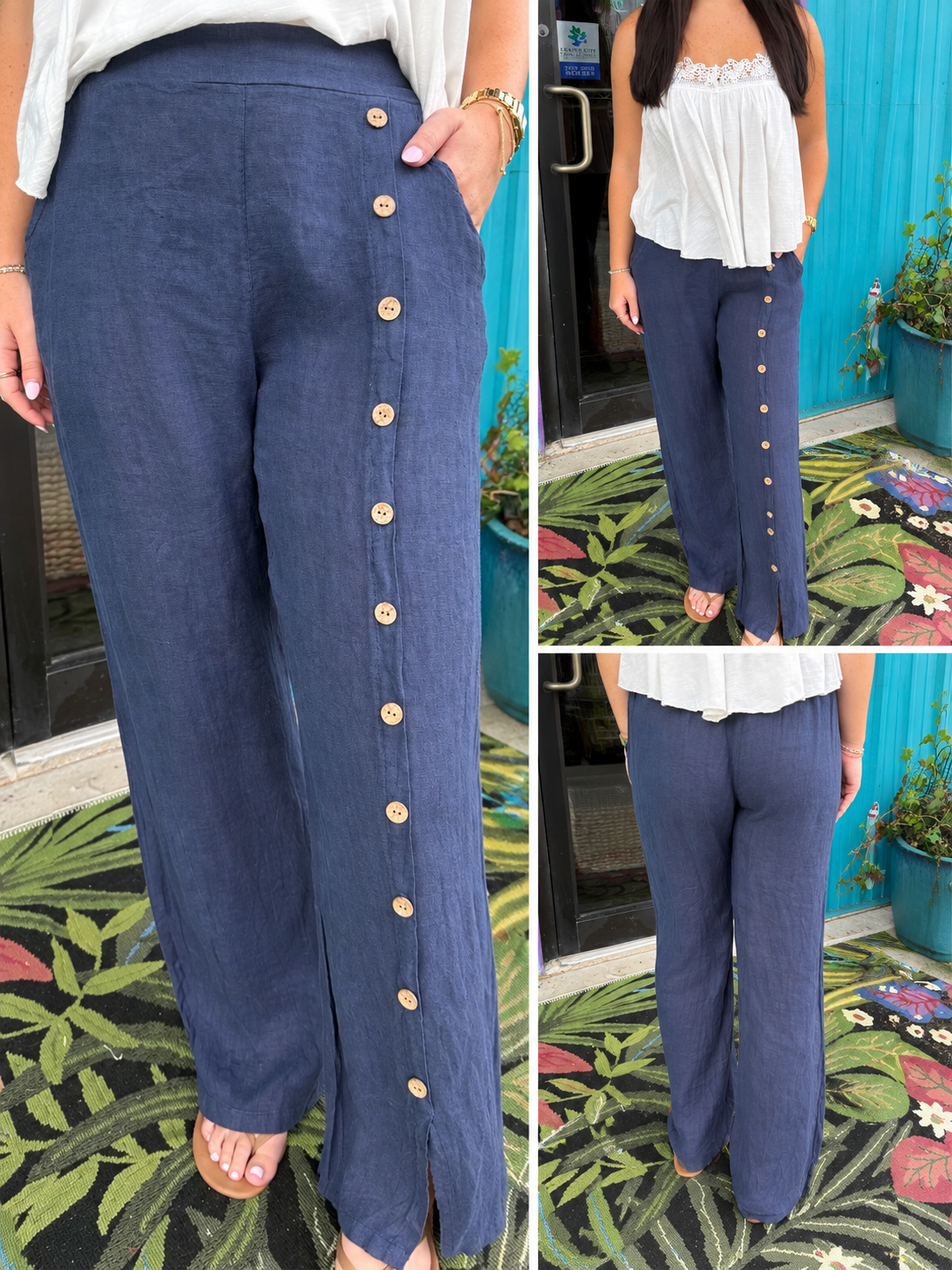 Navy Linen Palazzo Pants with Buttons