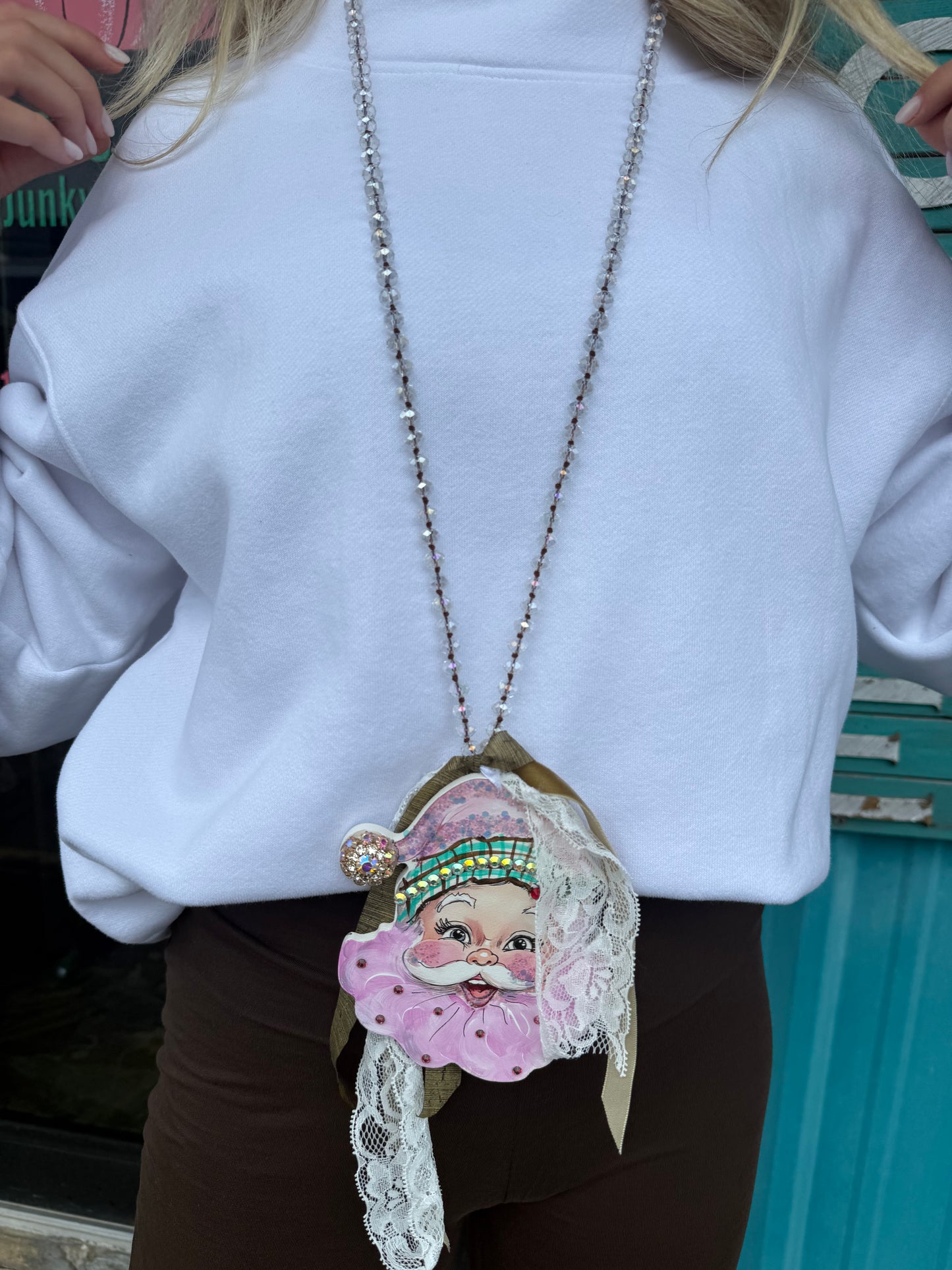 Beaded Pink Santa Necklace