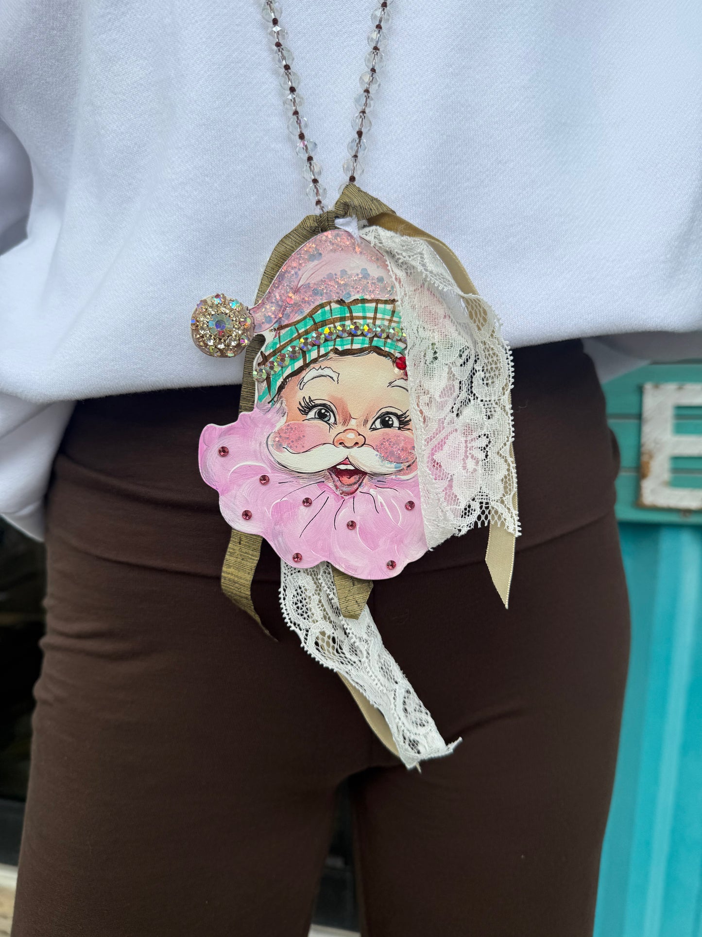 Beaded Pink Santa Necklace