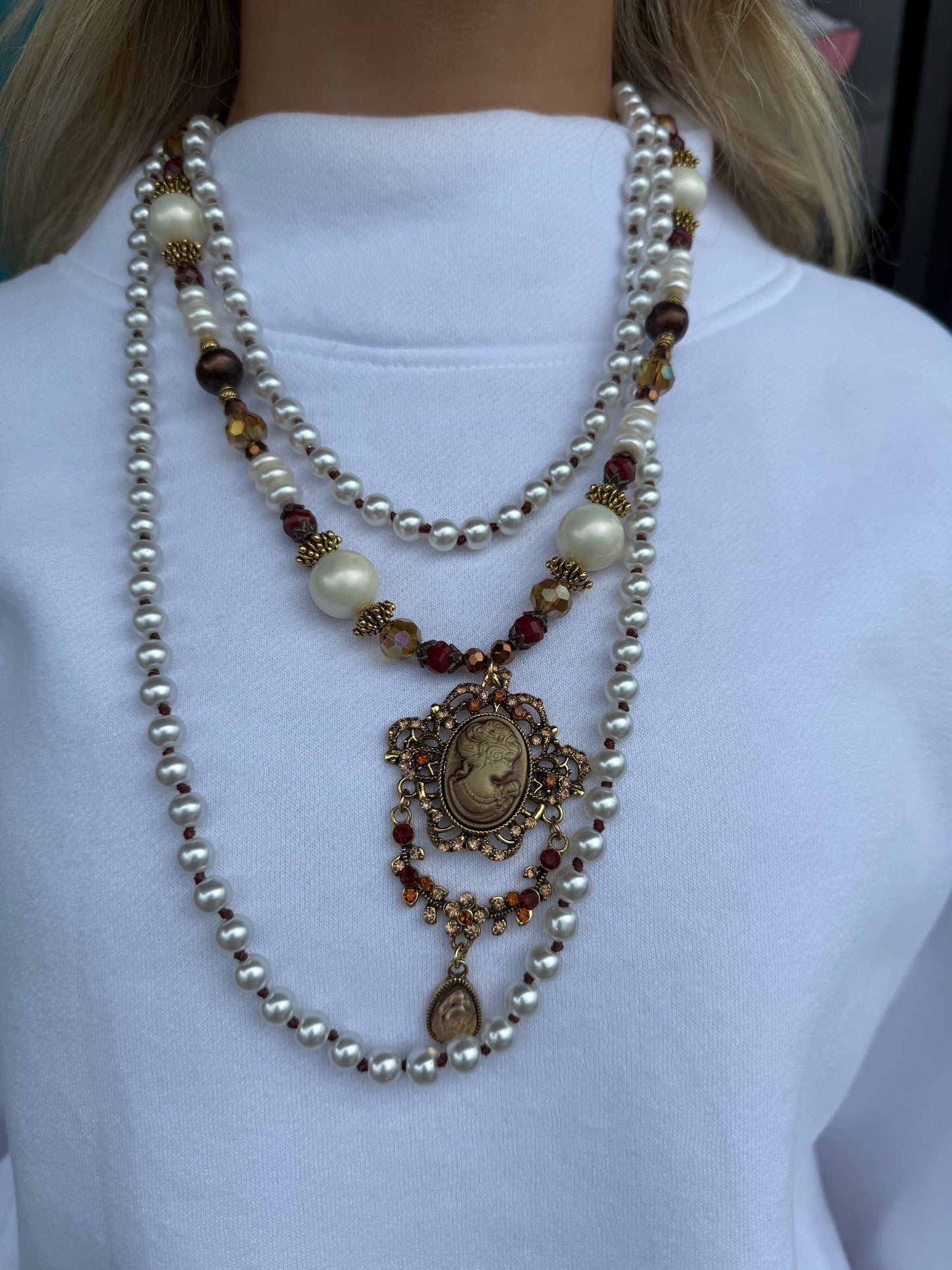 Triple Pearl Vintage Cameo Necklace