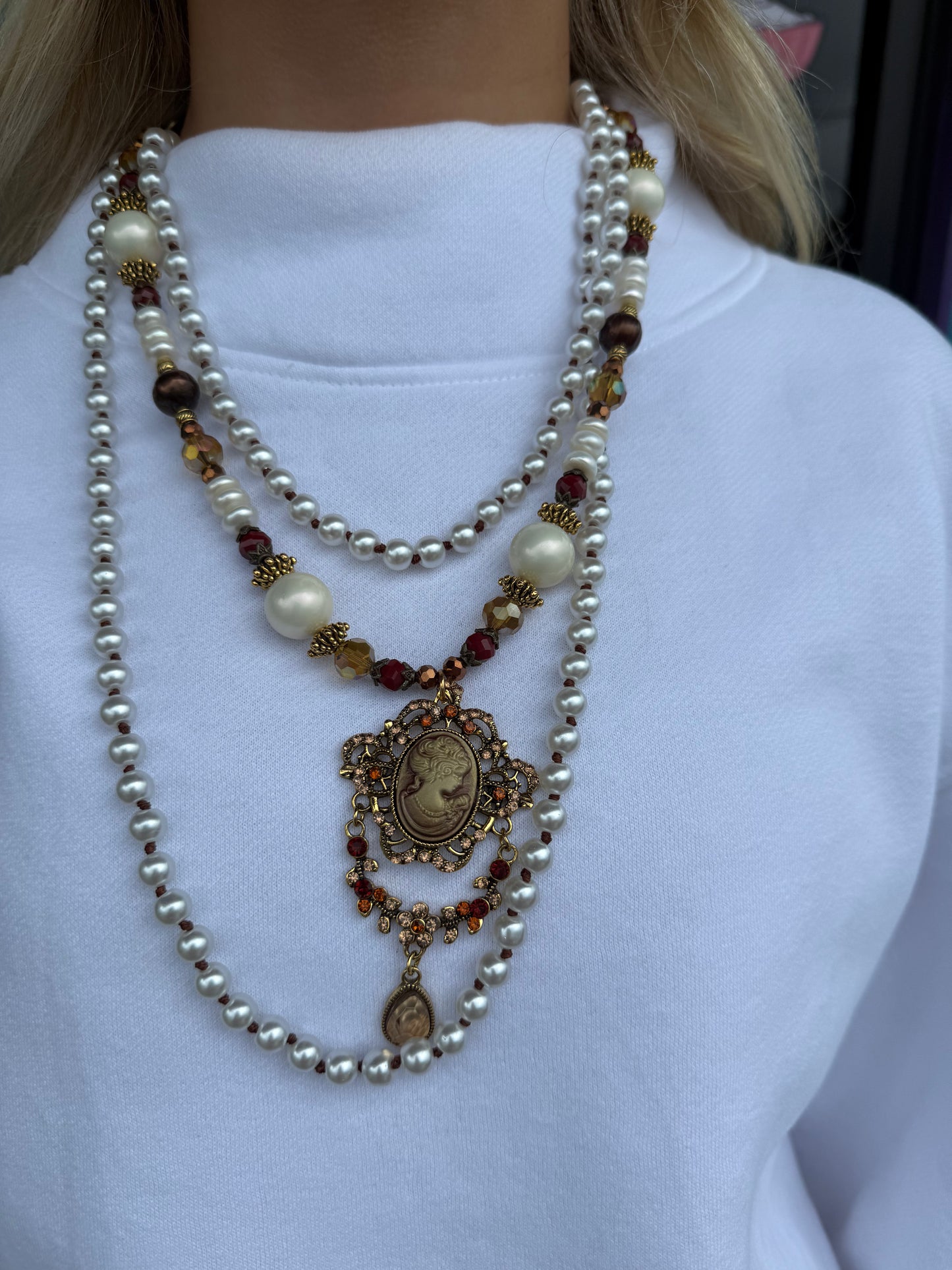 Triple Pearl Vintage Cameo Necklace