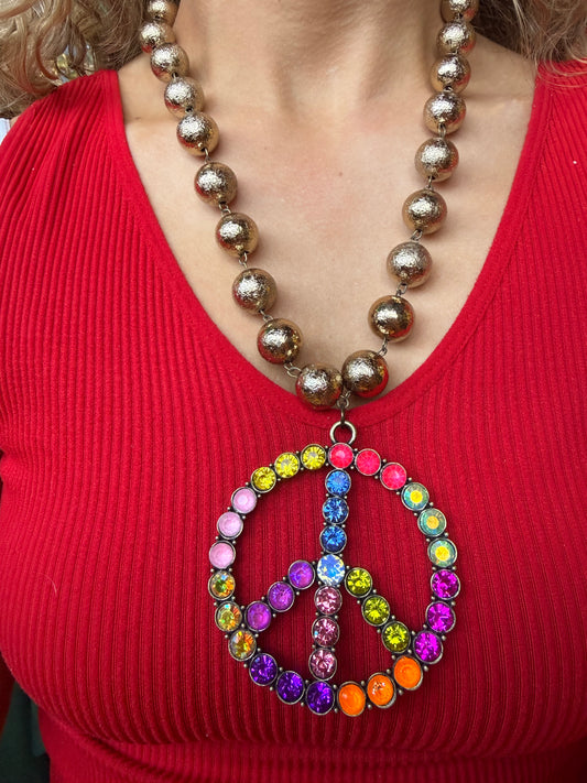 Multi Color Peace Sign Necklace w/ Gold Beaded Chain