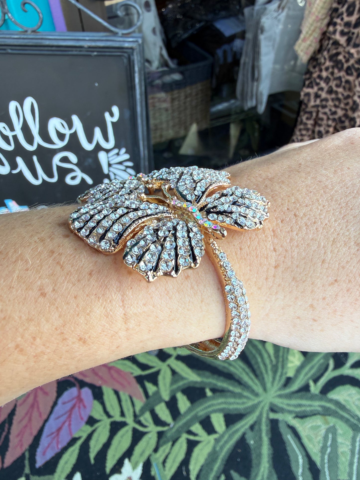 Rhinestone Embellished Double Butterfly Hinged Bangle Bracelet